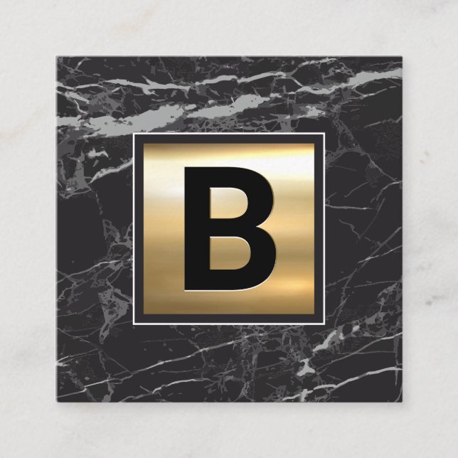 Monogram | Chic Gold Metal | Black Marble Square Business Card (Front)