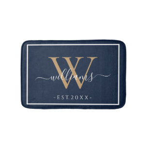 Monogram Chic Gold Script Names Wedding Date Navy Bath Mat