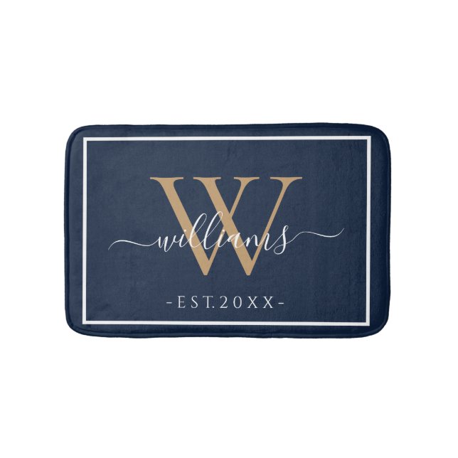 Monogram Chic Gold Script Names Wedding Date Navy Bath Mat (Front)