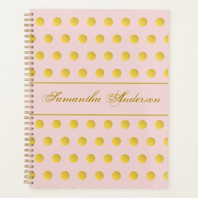 Monogram Chic Pink Gold Name Polka Dot Planner (Front)