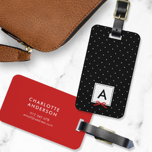 Monogram Chic Red Ribbon Polka Dot Black Luggage Tag