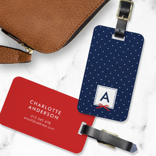 Monogram Chic Red Ribbon Polka Dot Blue Luggage Tag