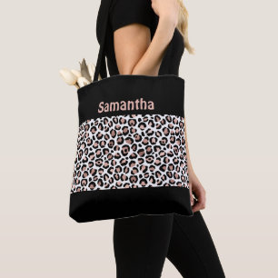 Monogram Chic Rose Gold and Black Leopard Print  Tote Bag