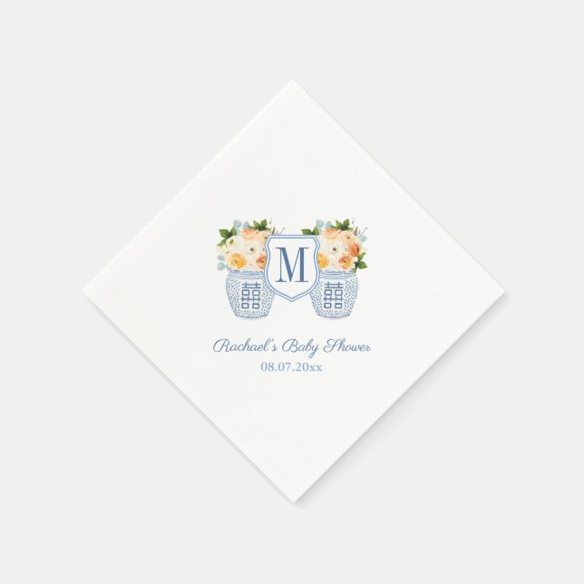 Monogram Chinoiserie Autumn Flowers Baby Shower Napkin (Corner)
