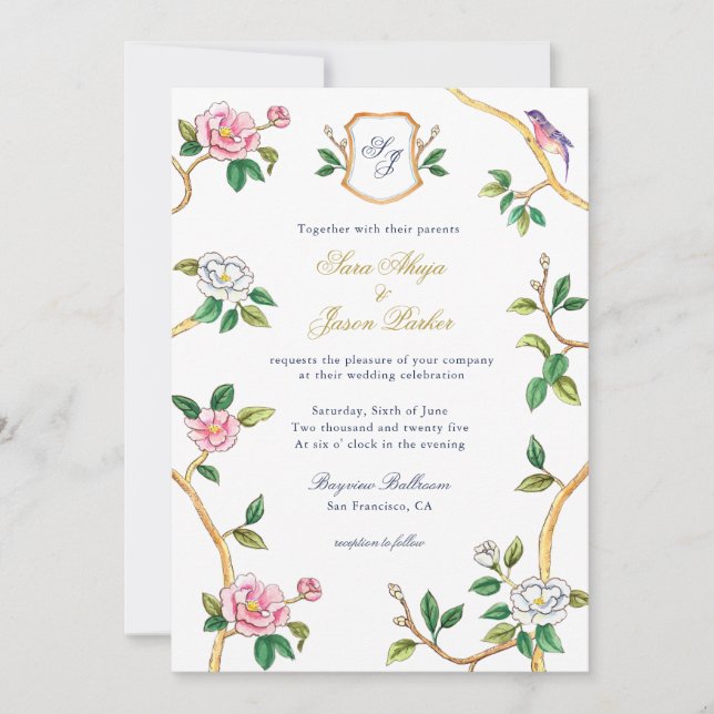 Monogram Chinoiserie Border with Crest Wedding Invitation (Front)