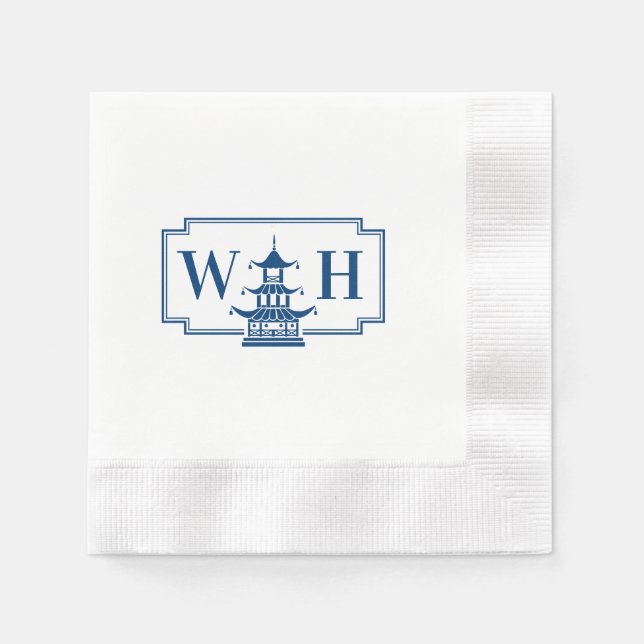 Monogram Chinoiserie Pagoda in Navy Napkins (Front)