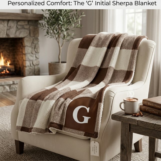 Monogram Chocolate Plaid , brown buffalo print  Fleece Blanket (Creator Uploaded)