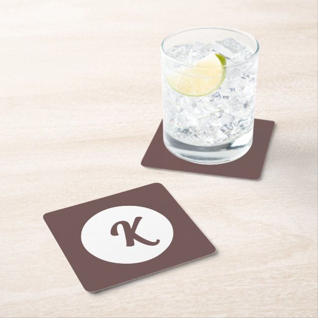 Monogram chocolate plum and white square paper coaster (Insitu)