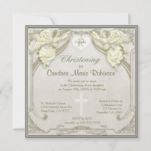 Monogram Christening with Angels Invitation
