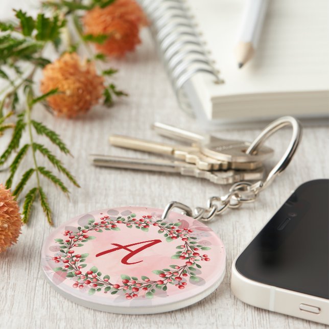 Monogram Christmas Berry Wreath Key Ring (Front Right)