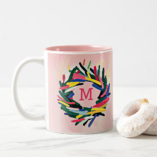 Monogram Christmas Bold Colourful Wreath Two-Tone Coffee Mug