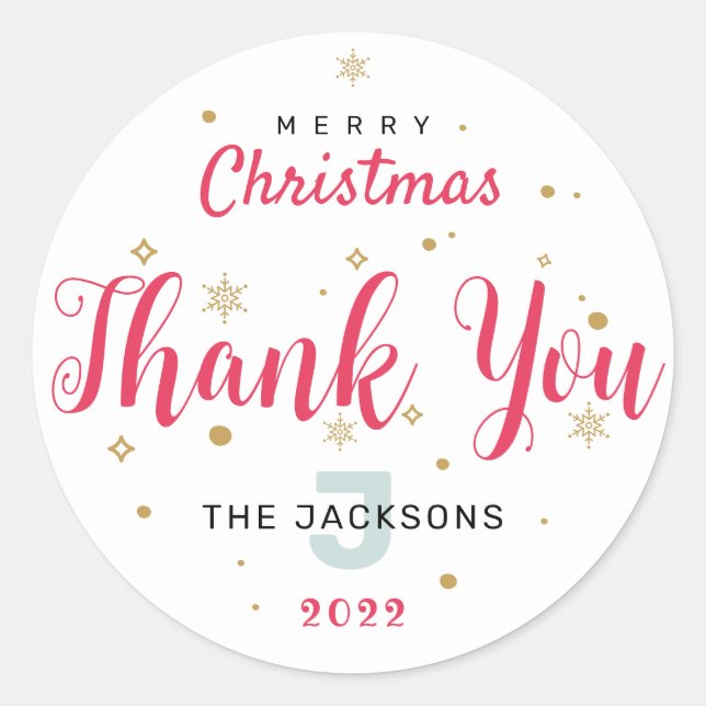 Monogram Christmas, cute, custom Thank you  Classic Round Sticker (Front)