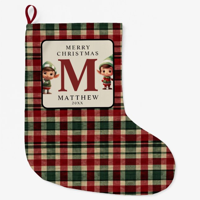 Monogram Christmas Elf Photo Large Christmas Stocking (Front)