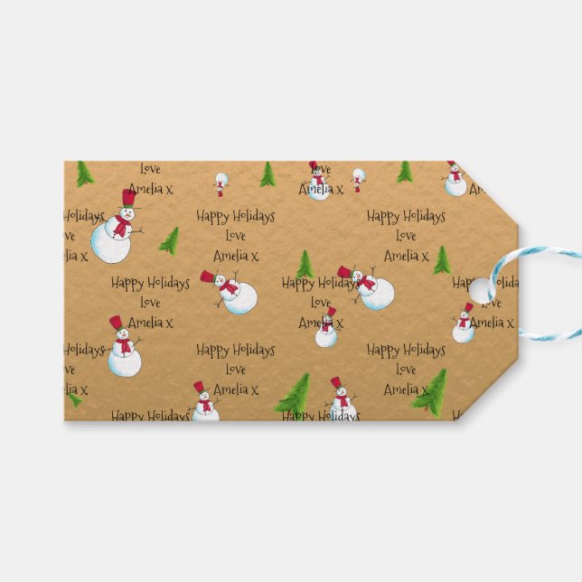 Monogram Christmas Gold Snowman Gift Tags (Front (Horizontal))