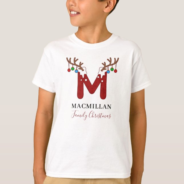 Monogram Christmas Holiday Antlers Matching Family T-Shirt (Front)
