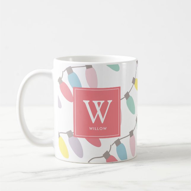 Monogram Christmas Holiday Lights Pattern Coffee M Coffee Mug (Left)