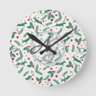 Monogram Christmas Holidays Decor Stag Holly Folk Round Clock