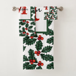 Monogram Christmas Holly Berries Bath Towel Set