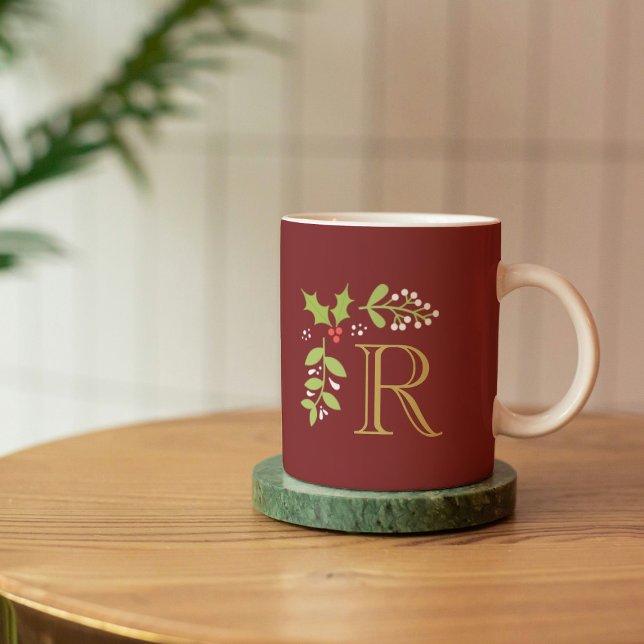 Monogram Christmas Holly & Mistletoe Coffee Mug (Creator Uploaded)