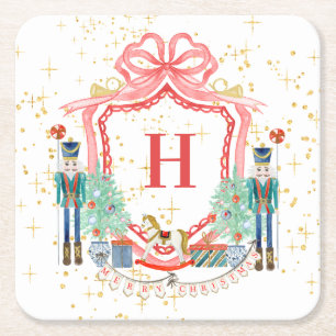 Monogram Christmas Nutcracker Crest   Square Paper Coaster
