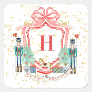 Monogram Christmas Nutcracker Crest Square Paper  Sticker