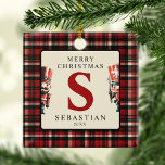 Monogram Christmas Nutcracker Photo Tree Ceramic Ornament<br><div class="desc">Delight in the magic of Christmas with our sweet monogram tree ornaments! Each ornament is beautifully adorned with a festive plaid background and endearing nutcracker soldiers. Make it extra special by personalising the front with your child's initial, name, Christmas greeting, and the year. Add your family photo to the back...</div>