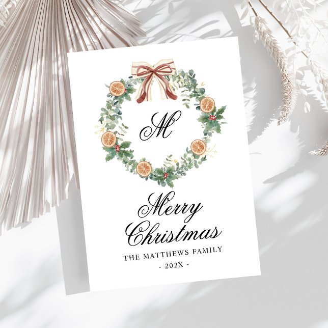 Monogram Christmas Oranges Wreath Bow Non Photo Holiday Card (Creator Uploaded)