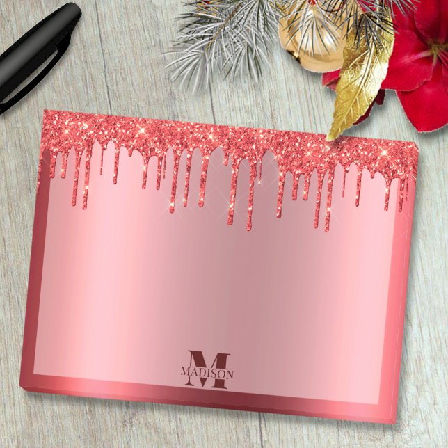 Monogram Christmas Red Dripping Glitter Metallic Post-it Notes (Creator Uploaded)