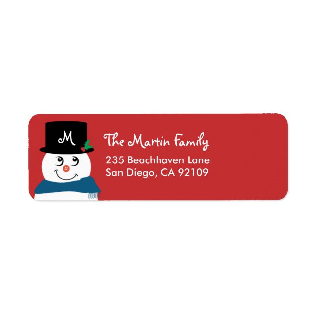 Monogram Christmas Return Address Label - Snowman (Front)
