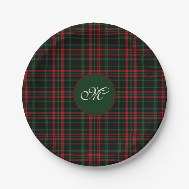 Monogram Christmas Tartan Plaid Red, Green Black Paper Plate (Front)