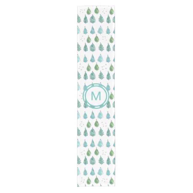 Monogram Christmas Trees Teal Short Table Runner (Front)