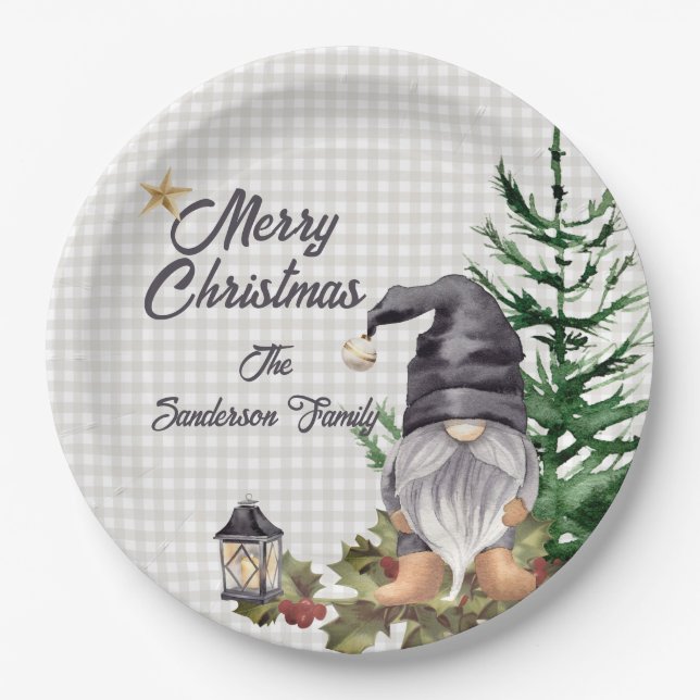 Monogram Christmas Watercolor Gnome Apron Paper Plate (Front)