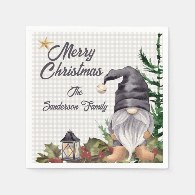 Monogram  Christmas Watercolor Gnome  Napkin (Front)