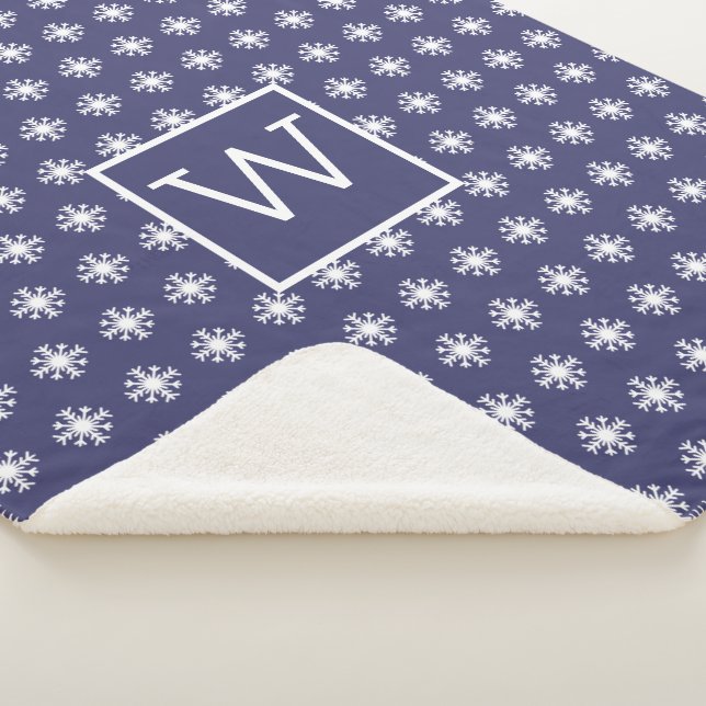 Monogram Christmas White Snow Crystal Navy Blue Sherpa Blanket (3/4)
