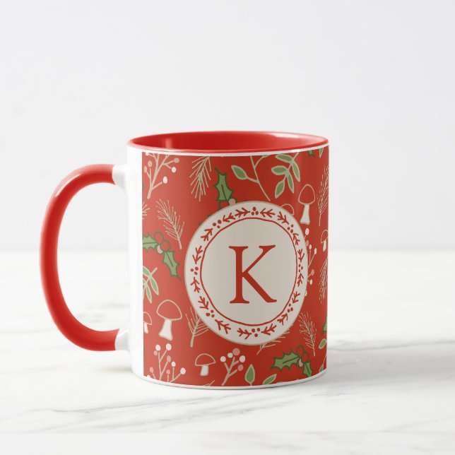 Monogram Christmas Woodlands Red Mug (Left)