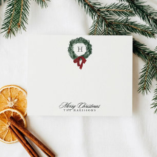 Monogram Christmas Wreath Burgundy Bow Note Card