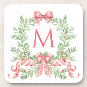 Monogram Christmas Wreath Coaster