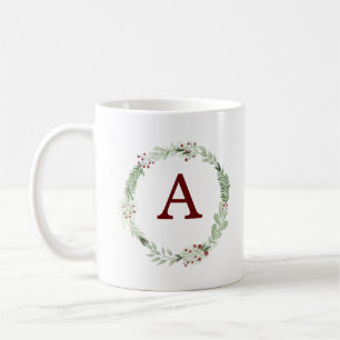 Monogram Christmas Wreath Holiday Gift Coffee Mug