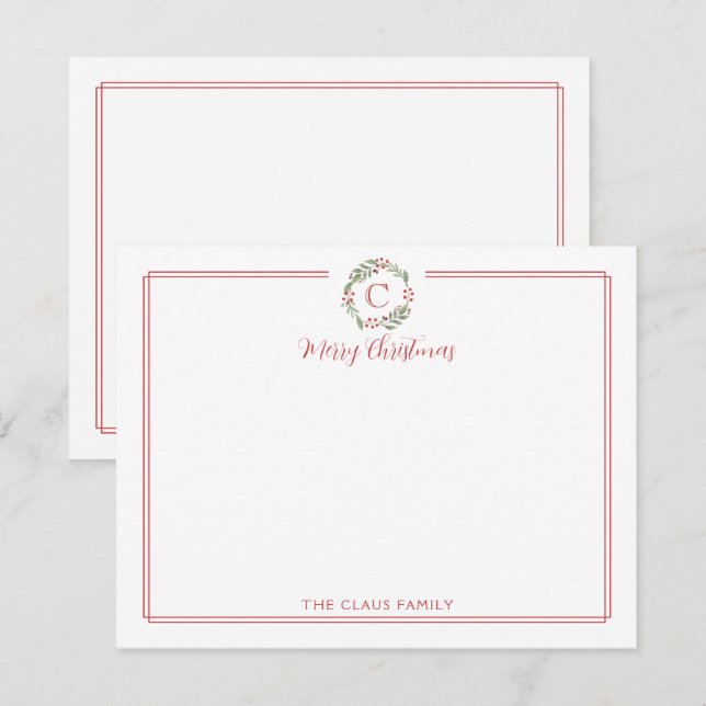Monogram Christmas Wreath Red Border Stationery Card (Front/Back)