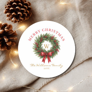 Monogram Christmas Wreath Red Bow Classic Round Sticker