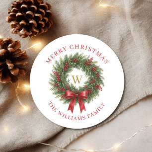 Monogram Christmas Wreath Red Bow Classic Round Sticker