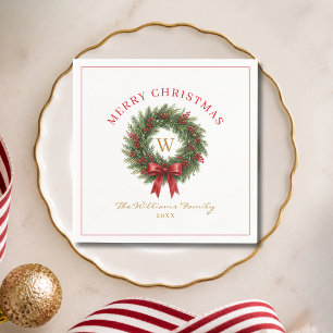 Monogram Christmas Wreath Red Bow Napkin