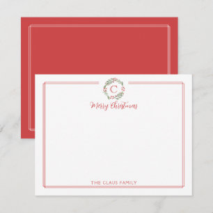 Monogram Christmas Wreath Red & White Stationery Card