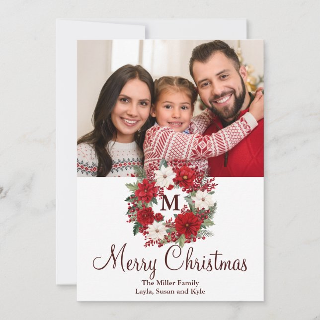 Monogram Christmas Wreath Traditional Elegant Holiday Card (Front)