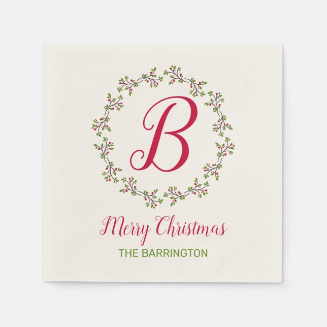 Monogram Christmas wreath with leaves & berries Napkin (Front)