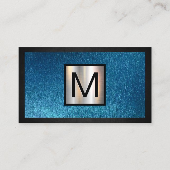 Monogram Chrome Metallic Banner | Blue Texture Business Card (Front)
