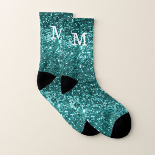 Monogram Chunky Glitter Sequin Turquoise Socks
