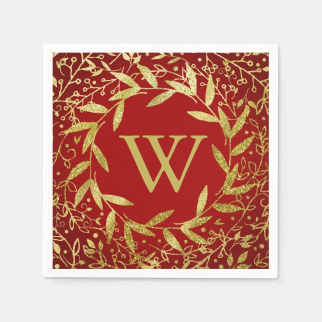 Monogram Circle of Leaves Wreath Gold Glitter Napkin (Front)