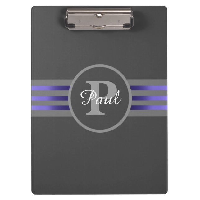 Monogram Circle Silhouette Black and Grey Stripes Clipboard (Front)