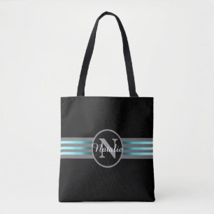 Monogram Circle Silhouette Black and Grey Stripes Tote Bag
